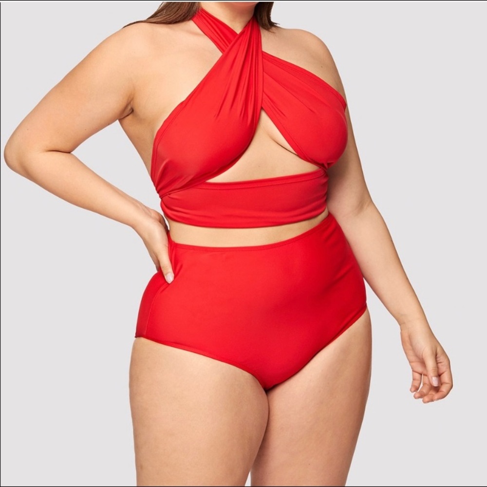 High Waist Red Full Coverage Wrap Bikini